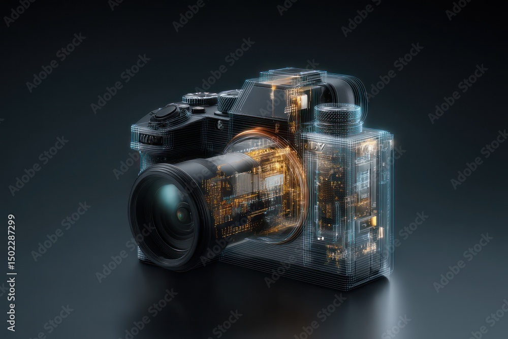 Poster digital camera featuring ai technology, enhancing photo quality through advanced image processing.