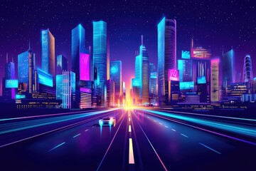Neon city skyline at night with a highway.