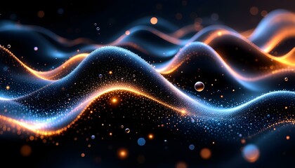 Obraz premium Abstract digital waves and particles flowing across a dark background, glowing neon accents creating a sense of motion .