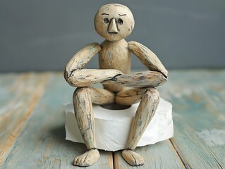 Wooden figurine sits on toilet paper