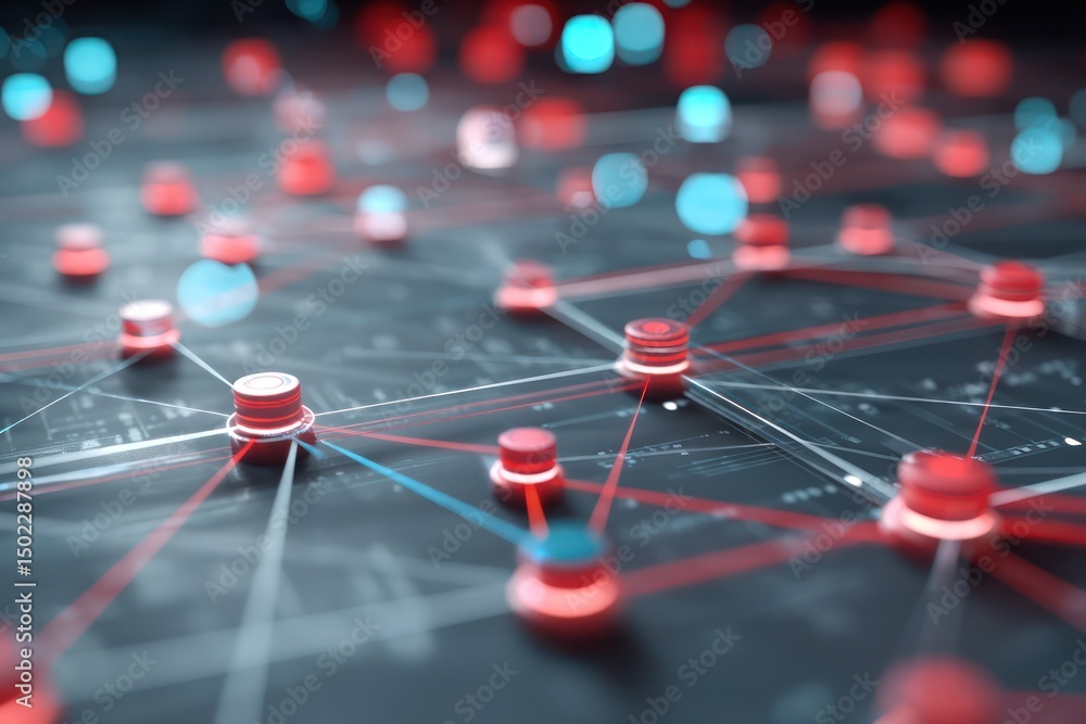 Poster ai-powered data matrix illustrating network systems with red and blue visuals for digital flow.