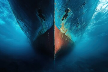 Underwater view of the bow of a ship with blue water and some rust visible on the hull of the vessel