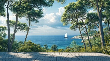 Tranquil coastal scene with a sailboat, framed by lush greenery and a wooden deck.  Blue ocean stretches out beneath a cloudy sky, viewed through tall pine trees