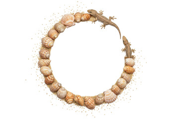 Obraz premium Rustic Round Frame Made of Assorted Beach Shells for Summer and Seaside Aesthetics