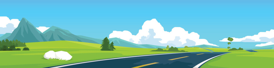 Horizontal or Landscape view illustration banner of asphalt road. Winding road leading straight to the valley. Green open fields and mountain under blue sky for background. © thongchainak