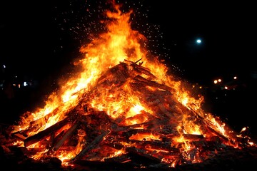 Night bonfire flames, woodland setting