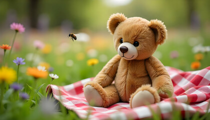 Teddy Bear Sitting in a Field with a Bee Flying Nearby.

