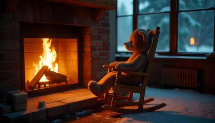 Teddy Bear Sitting by a Cozy Fireplace in a Rocking Chair.

