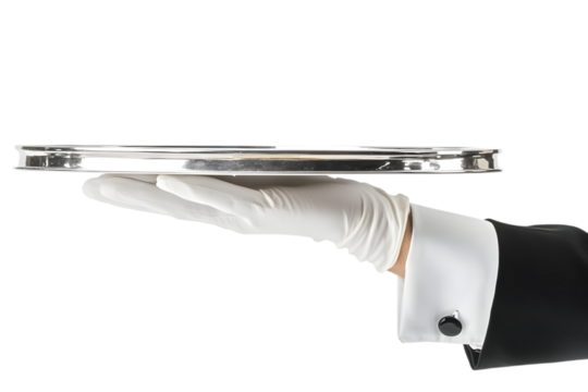 Close up cropped barista male waiter hold in hand plate with empty tray isolated on white background studio. Ai Generated Images