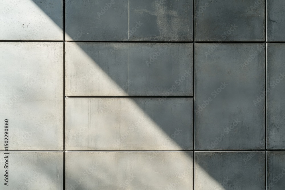 Poster a close up of a gray tiled wall with a diagonal shadow creating a geometric pattern on the surface