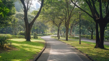 Obraz premium Winding pathway through a verdant park landscape in tranquil morning light