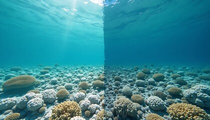 Fototapeta premium Underwater Coral Reef Landscape with Clear Turquoise Water and Sunlight
