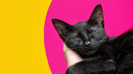 A black cat peacefully sleeping while being gently held, with a colorful pink and yellow background