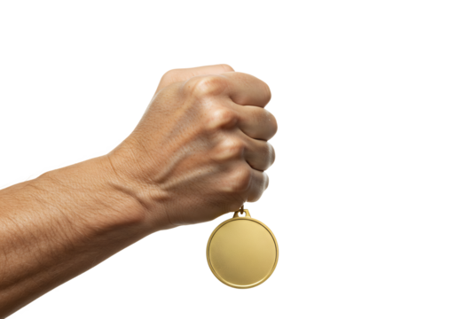 Triumphant Victory A Close-up of a Hand Firmly Gripping a Gold Medal, Symbolizing Achievement and Success