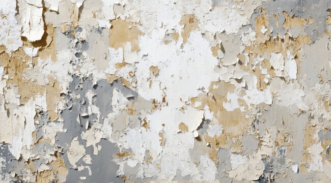 Peeling paint reveals layers of grey, beige, and white on a textured surface, showing age and weathering