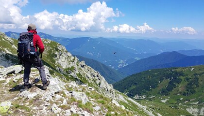 Fototapeta premium Adventurer Surveys Expansive Mountainscape on Sunny Day with Cloud Accents
