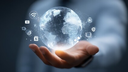 A hand gently cradles a translucent, glowing Earth globe, encircled by digital icons representing global connectivity and technology