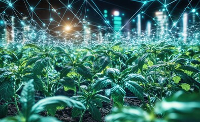 Urban farm with futuristic network.  Plants thrive under illuminated, interconnected nodes