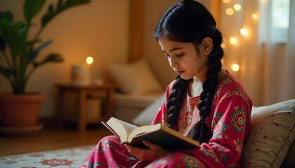 Young Girl Reading a Book in Peaceful Room Lighting.


