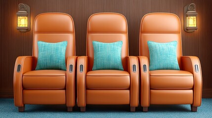 Obraz premium Three Brown Leather Recliner Chairs with Teal Pillows in a Home Theater