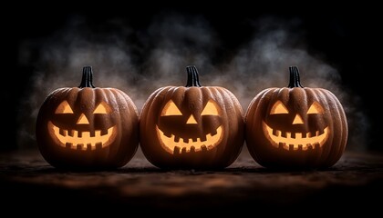 Obraz premium Three jack-o'-lanterns in a dark setting