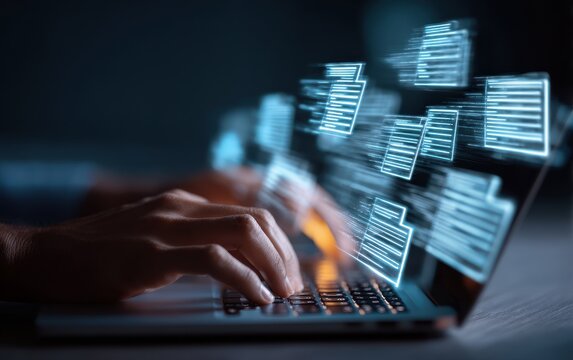 Hands actively typing on a laptop, with glowing digital code files emanating from the screen, suggesting data processing or software development