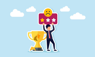 Businessman with a broken trophy holding a board with one star and a sad emoticon illustration of negative response due to failure to maintain status as leading company