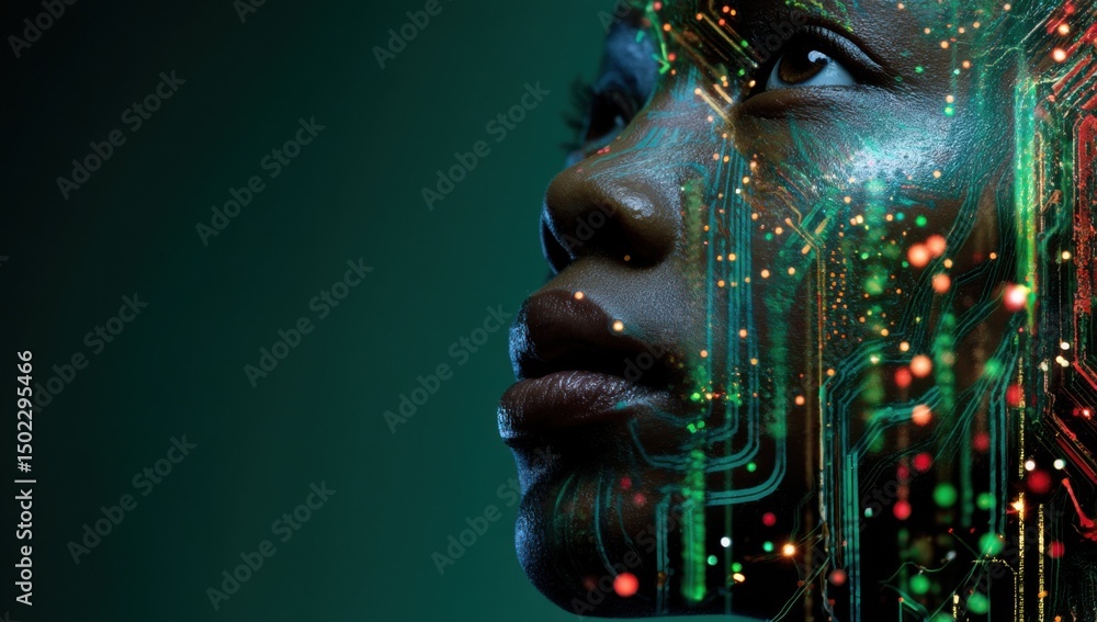 Poster african american woman's profile with glowing circuitry overlay, representing technological advancem