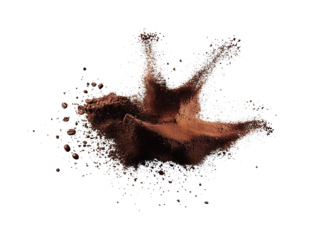 Explosion splash of ground coffee or cocoa powder with freeze isolated on background, pile of splatter of coffee grind dust powder, brown shattered beans,