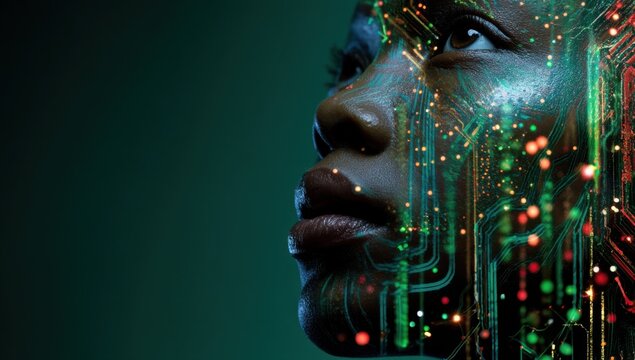 African American Woman's Profile with Glowing Circuitry Overlay, Representing Technological Advancement and Digital Transformation in the Modern Age : Generative AI