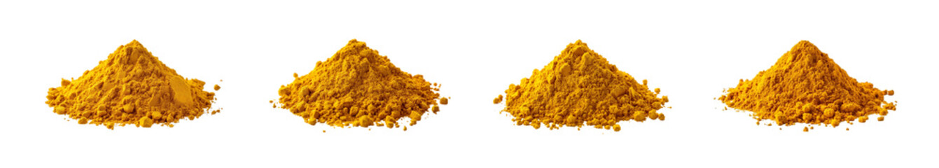 An eliment set of Pile of turmeric powder vibrant yellow spice for cooking and health on islated transfarent background, PNG.