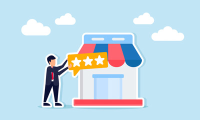 Businessman next to store holding chat dialog with three stars illustration of marketplace with good quality standards