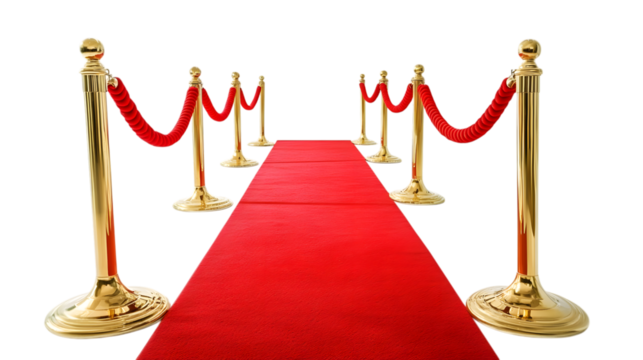 Perspective view red velvet rope barrier and golden poles and red carpet isolated on white background. Ai Generated Images - Powered by Adobe