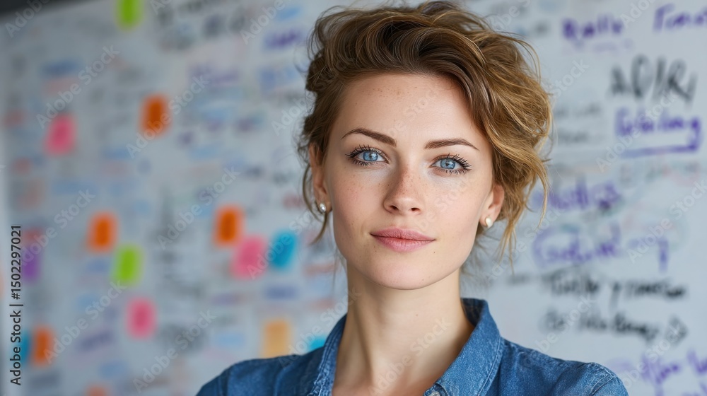 Aufkleber confident woman in front of whiteboard with colorful notes, representing brainstorming and business 