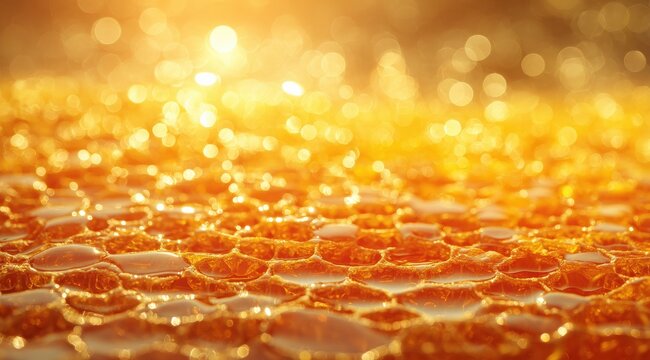 Golden honey glistening in honeycomb cells, sunlit, bokeh background