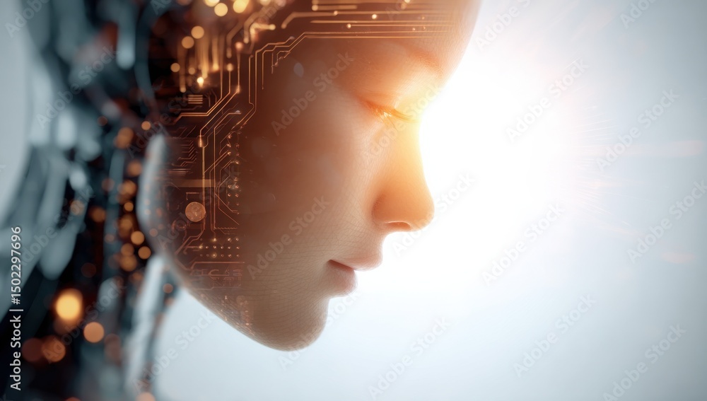 Leinwandbilder artificial intelligence woman with circuitry overlay, representing technological advancement and dig