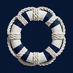 Nautical life preserver; white and navy blue stripes, thick rope encircling