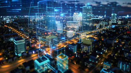 Aerial view of city at night with digital overlay showing building structures and data visualization .