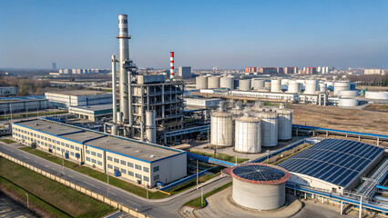 an aerial view of an industrial complex, potentially a hydrogen peroxide factory, under a clear blue sky