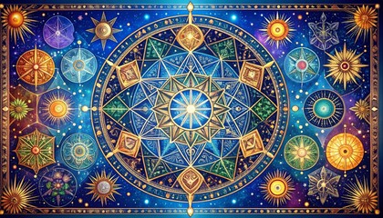 Obraz premium Psychedelic collage of sacred geometry with alchemical manuscripts background with circles
