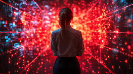 Back view of a female technician analyzing data in a futuristic control room. Surrounded by global connectivity maps, digital networks, and high-tech interfaces, symbolizing precision and innovation.