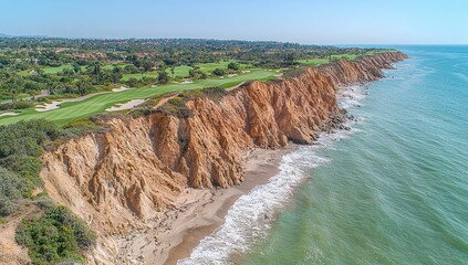 Coastal cliffs meet a golf course.
