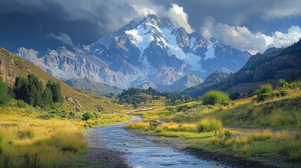 Mountain valley bathed in sunlight, a rushing stream winds through verdant meadows, snow-capped peak dominates the background