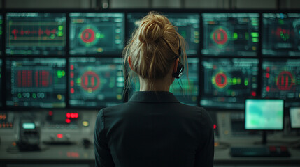 Back view of a female technician analyzing data in a futuristic control room. Surrounded by global connectivity maps, digital networks, and high-tech interfaces, symbolizing precision and innovation.