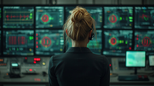 Back view of a female technician analyzing data in a futuristic control room. Surrounded by global connectivity maps, digital networks, and high-tech interfaces, symbolizing precision and innovation.