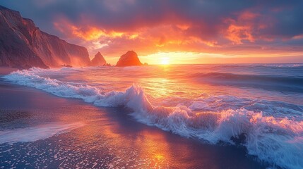 Dramatic sunset over a rugged coastline with waves crashing on the beach