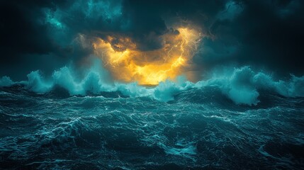 Naklejka premium Stormy sea, intense lightning