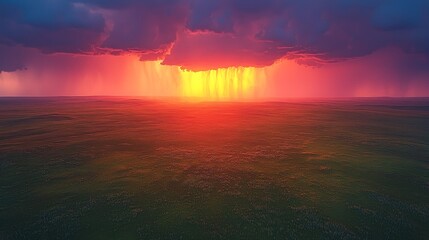 Obraz premium Dramatic sunset through stormy clouds over a flat landscape