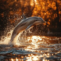 Fototapeta premium Majestic dolphin leaps in golden sunset
