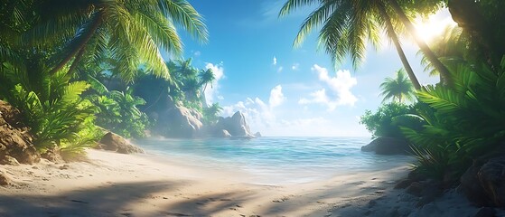 Tropical beach sunrise, calm ocean, palm trees. Vacation backdrop